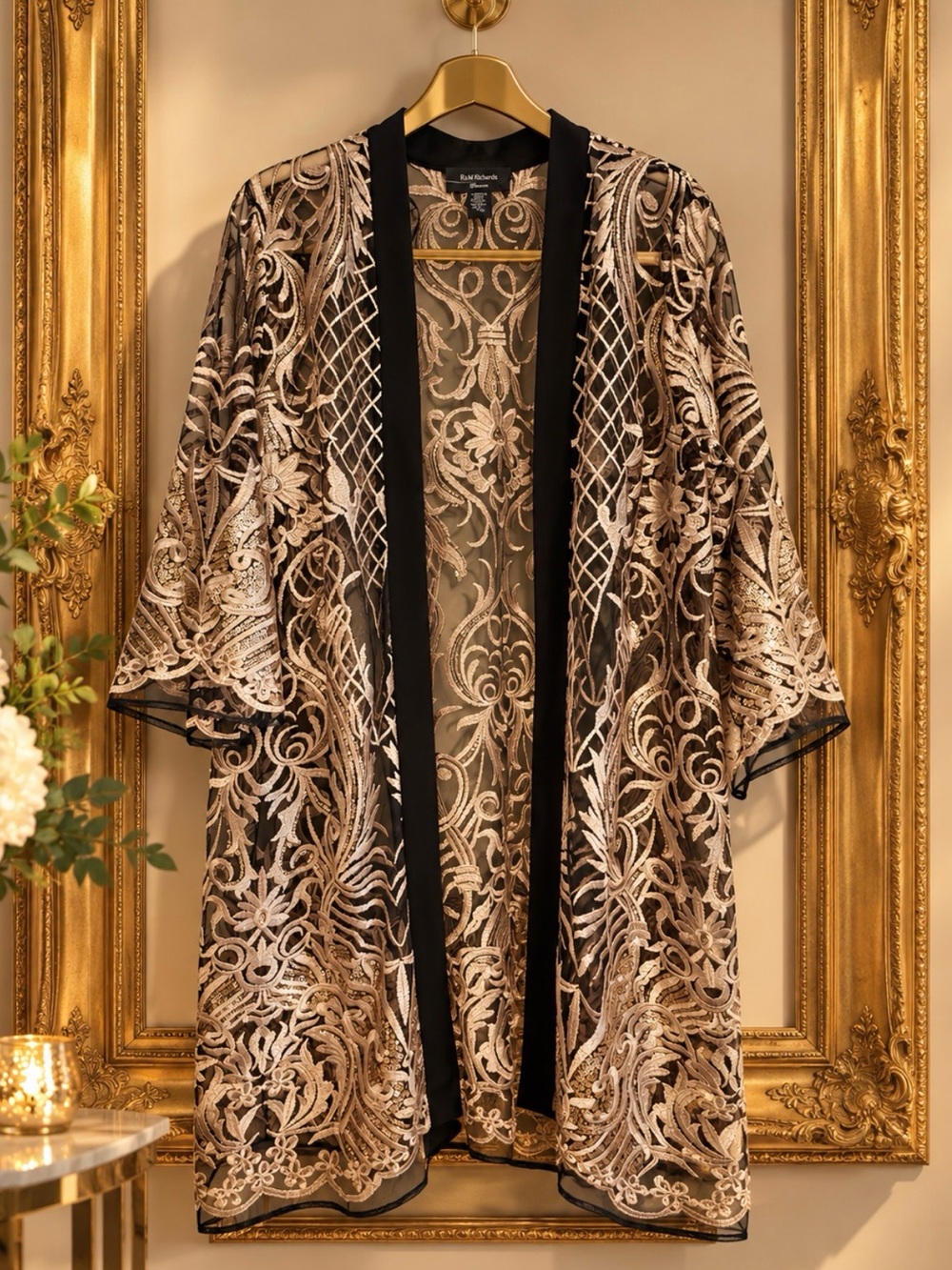 R&M Richards Jacket Kimono Floral Embroidered in Black & Cream NWT Elegant!